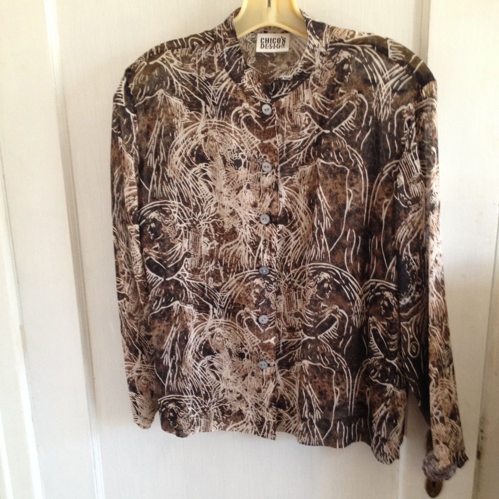 Brown/Black/White Print Chico Silk Blouse SIZE 1